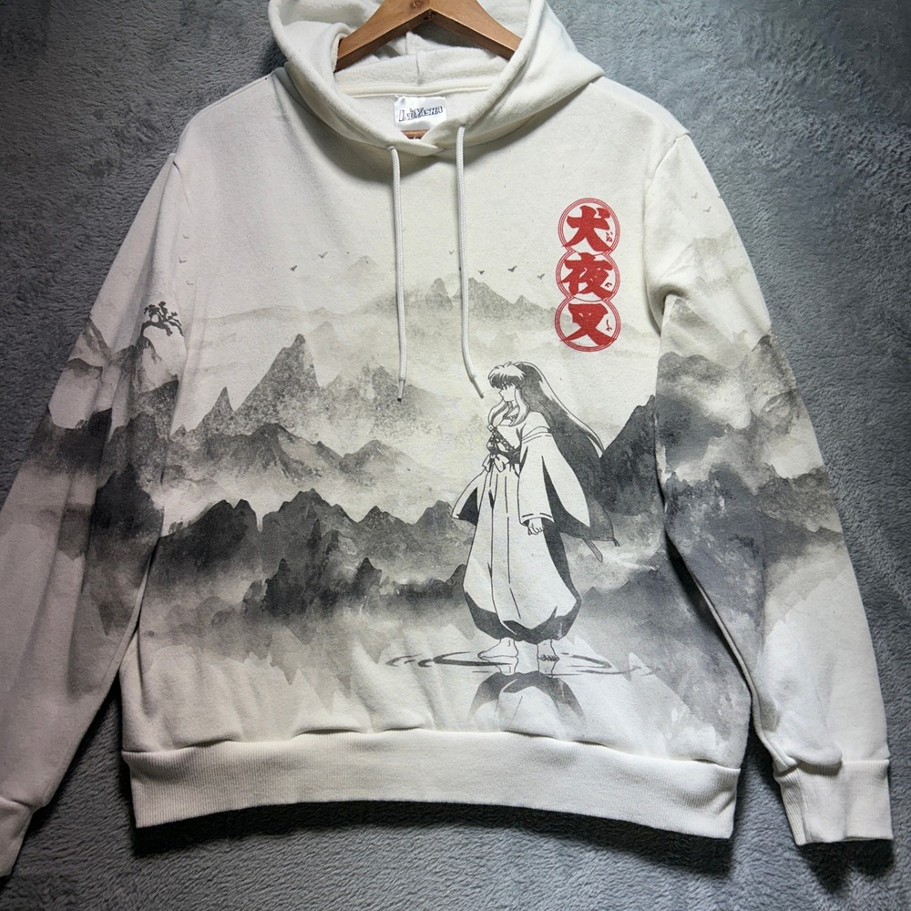 Inuyasha Kikyo Mountain Landscape Graphic Hoodie Medium Cream Anime Boxy 2009